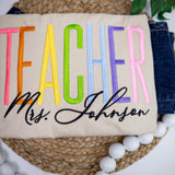 Personalized Teacher Shirt with Embroidered Name  Rainbow Teacher Gift for Women  Custom Teacher T-Shirt  Back to School Shirt