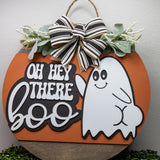 Oh Hey There Boo Door Hanger  Halloween Ghost Sign  Round Front Porch Decor  Cute Fall Door Sign with Bow  Spooky Season Wreath