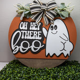 Oh Hey There Boo Door Hanger  Halloween Ghost Sign  Round Front Porch Decor  Cute Fall Door Sign with Bow  Spooky Season Wreath