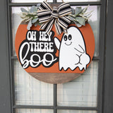 Oh Hey There Boo Door Hanger  Halloween Ghost Sign  Round Front Porch Decor  Cute Fall Door Sign with Bow  Spooky Season Wreath