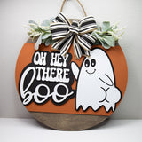 Oh Hey There Boo Door Hanger  Halloween Ghost Sign  Round Front Porch Decor  Cute Fall Door Sign with Bow  Spooky Season Wreath