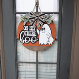 Oh Hey There Boo Door Hanger  Halloween Ghost Sign  Round Front Porch Decor  Cute Fall Door Sign with Bow  Spooky Season Wreath