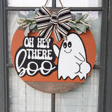 Oh Hey There Boo Door Hanger  Halloween Ghost Sign  Round Front Porch Decor  Cute Fall Door Sign with Bow  Spooky Season Wreath